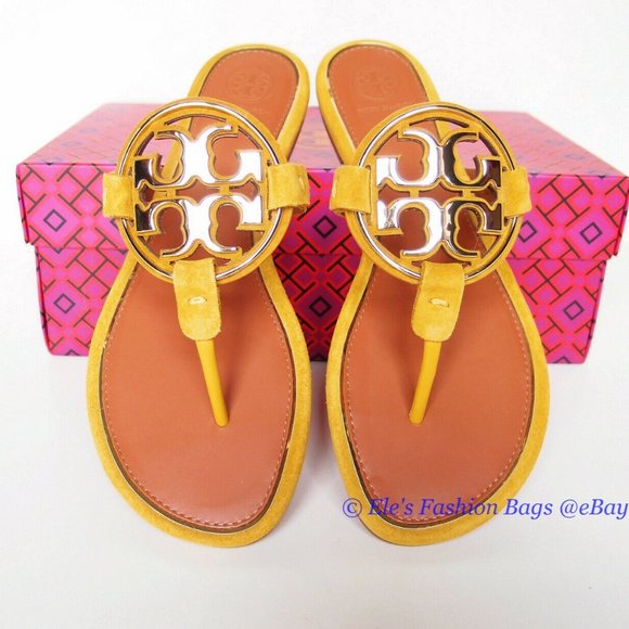 ❤️ NIB Tory Burch Metal Miller Suede Leather Thong Sandal Gold Finch Yellow US 6 - Picture 3 of 13
